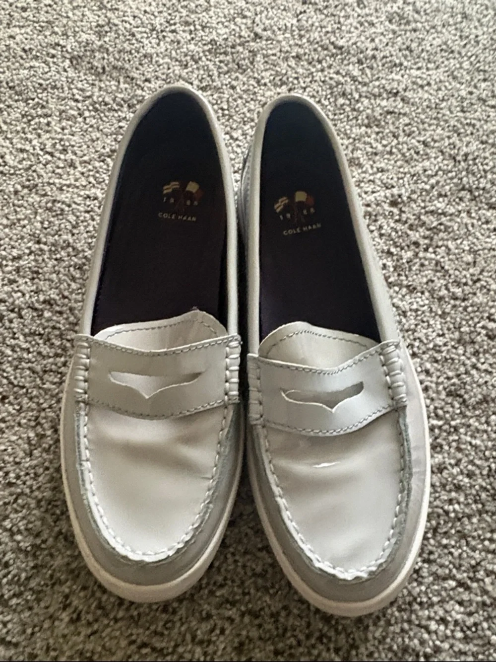 Cole Haan Light Gray Patent Penny Loafers with White Sole